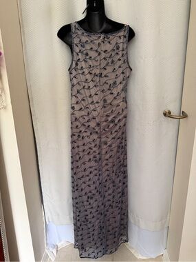 Sleeveless Embroidered Maxi Dress in Taupe with Black Overlay